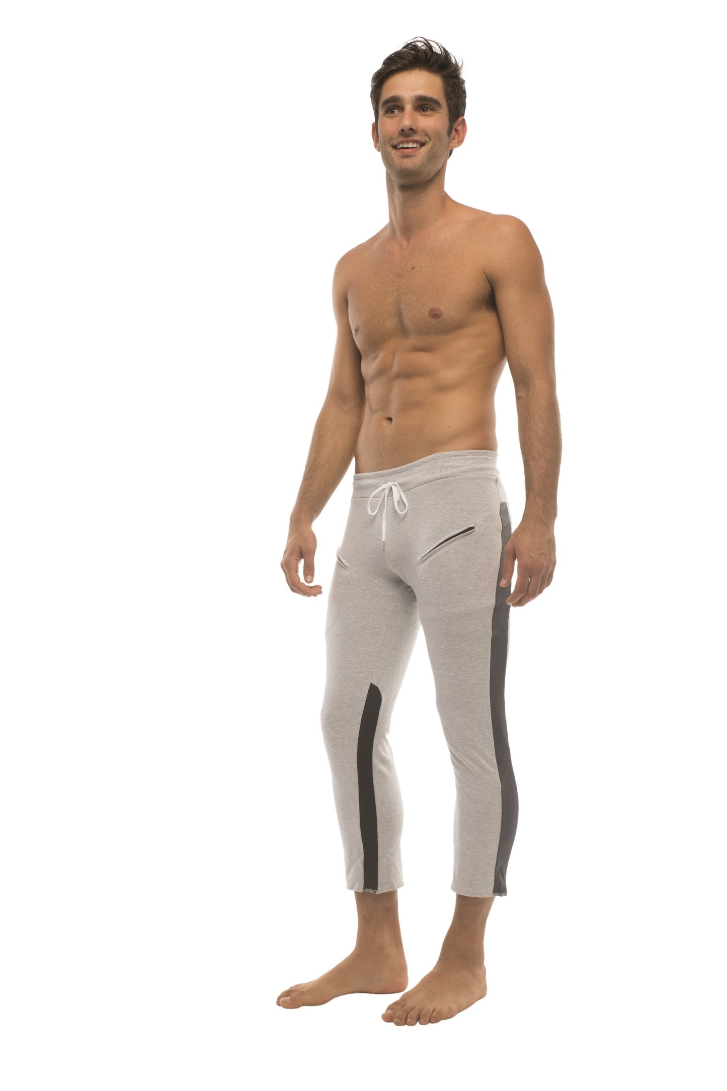 Mens 4/5 Zipper Pocket Capri Yoga Pants (GREY w/Charcoal & Black) by 4-rth